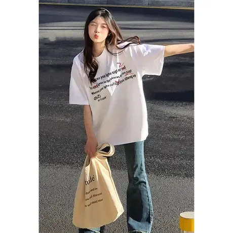 重磅纯棉白色短袖t恤女小个子夏季潮牌oversize美式复古宽松上衣商品大图