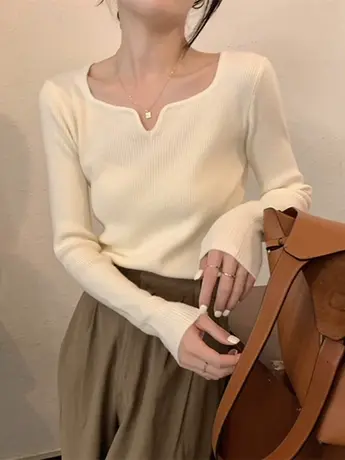 软糯针织打底衫女秋季内搭修身显瘦气质V领小众设计感毛衣长袖t恤商品大图