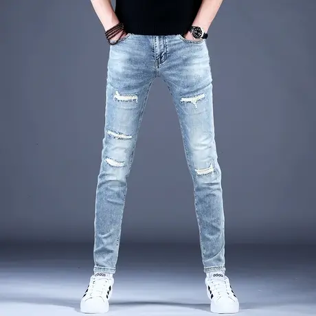 男士新款牛仔裤男款修身破洞补丁小脚裤子男2023秋款轻奢潮牌潮流商品大图