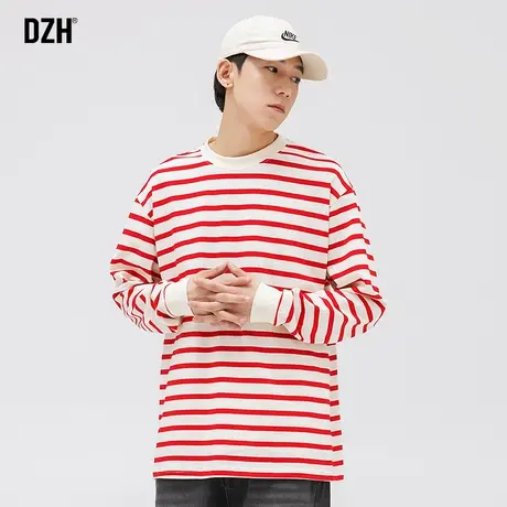 男生红色横条纹t恤男长袖秋季潮牌男装2023新款休闲打底上衣宽松商品大图