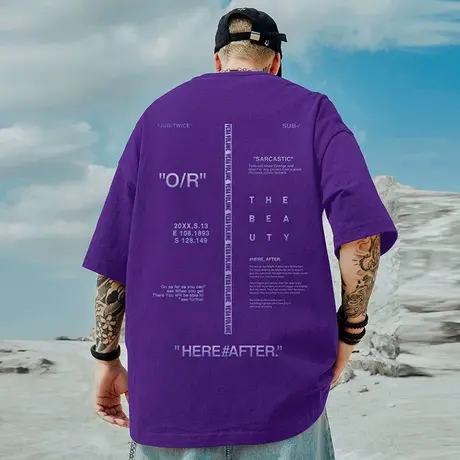 夏季美式复古字母纯棉短袖T恤男街头潮流宽松紫色半袖潮大码男装商品大图