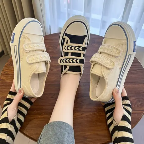 小香风帆布鞋女2023春秋季新款麦穗魔术贴小白鞋厚底老爹运动板鞋商品大图