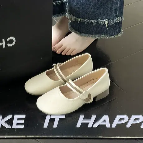 单鞋女夏季2023年新款设计感小众粗跟魔术贴配裙子浅口玛丽珍女鞋商品大图