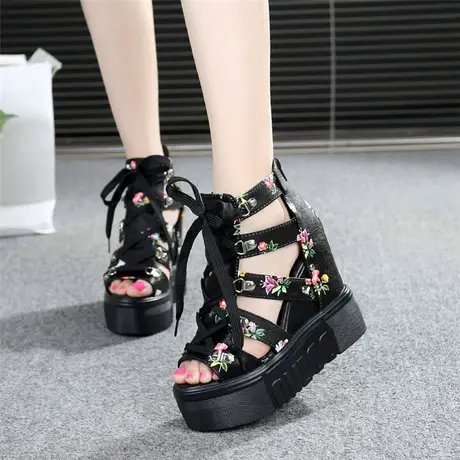 2023夏季新款超高跟坡跟凉鞋女松糕厚底防水台内增高鱼嘴鞋凉靴子商品大图