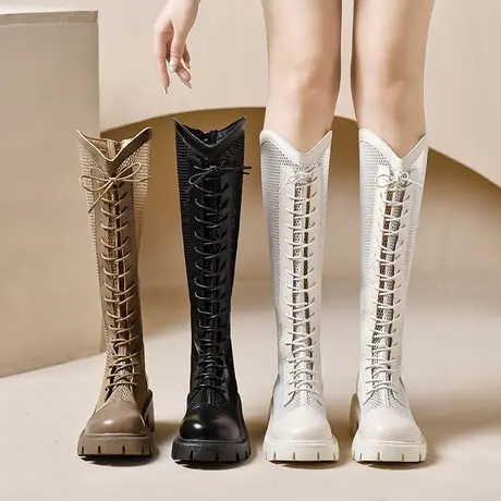 夏天长靴女镂空薄款透气厚底v口凉靴系带网纱骑士靴夏季高筒网靴图片
