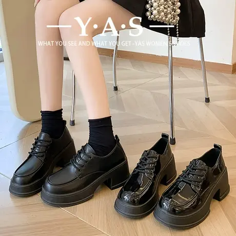 黑色厚底小皮鞋女秋冬季增高粗跟玛丽珍鞋松糕圆头时尚高跟乐福鞋图片