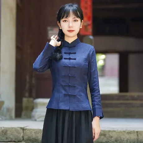 筠雅唐装女中国风棉麻盘扣上衣秋款长袖禅意素衣复古茶服中式女装商品大图