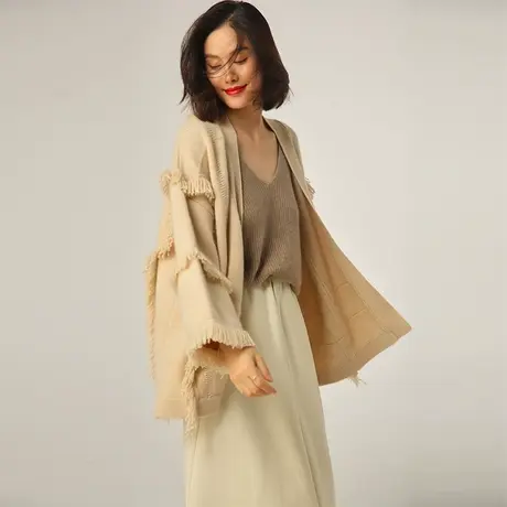 秋冬宽松慵懒风开衫毛衣外套2023女士重工流苏加厚山羊绒上衣W135图片