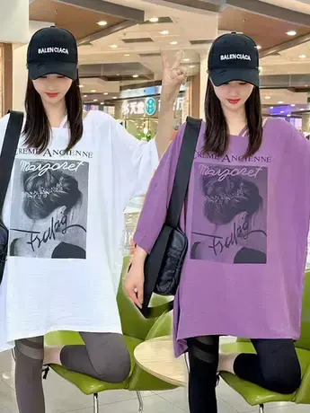 2023年夏季新款洋气时尚舒适透气减龄遮肚五分袖简约印花T恤女装商品大图