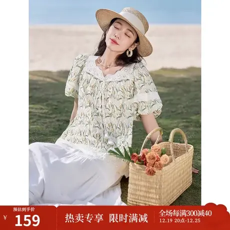 茵曼法式清新衬衣2023夏女装新款方领拼接镂空花边盐缩印花上衣商品大图