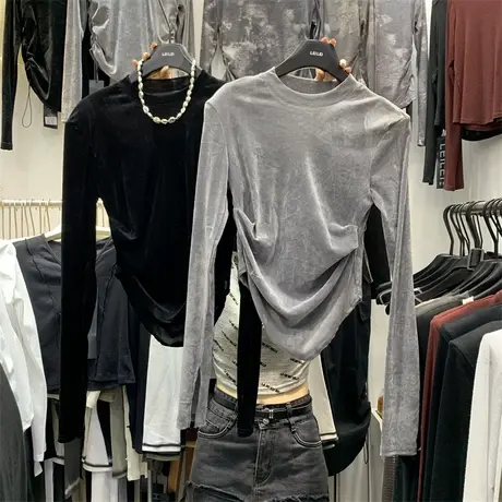 复古松紧褶皱长袖短款T恤女2023秋上新韩版修身袖口开叉垫肩上衣图片