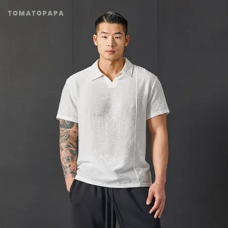 TOMATOPAPA美式黑色V领短袖t恤男Polo衫潮牌高级感正肩五分袖上衣商品大图