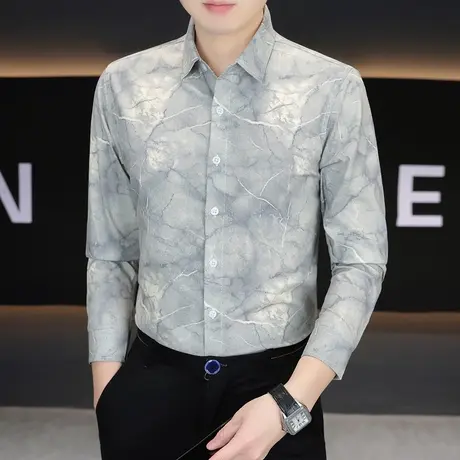 2025春季男士长袖衬衫韩版修身商务休闲潮流免烫薄款衬衣印花寸衫商品大图