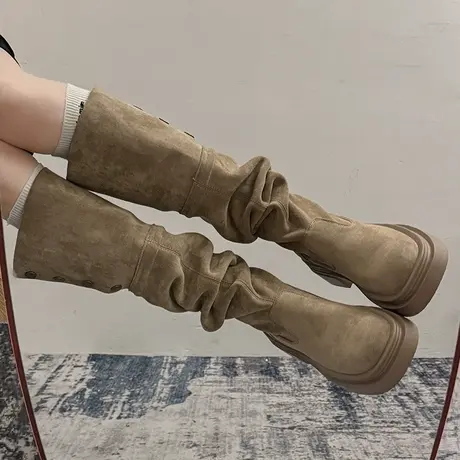 厚底过膝长筒靴女秋冬爆款美拉德棕色瘦瘦靴子两穿高筒堆堆骑士靴图片