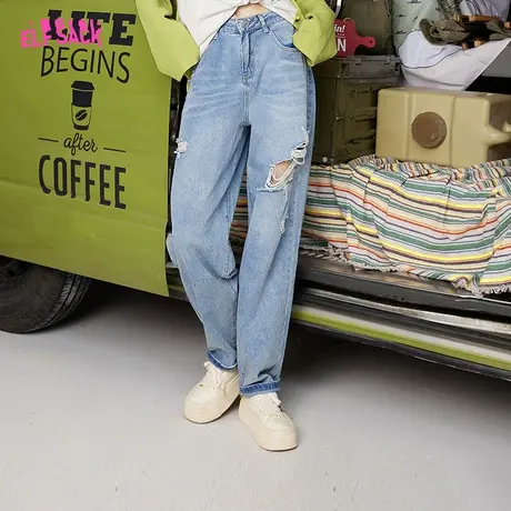妖精的口袋高腰破洞牛仔裤女2023春秋季新款阔腿复古设计感烟管裤图片