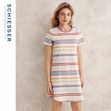 SCHIESSER舒雅25夏季新品女士纯棉横条纹圆领短袖连衣裙家居睡裙图片