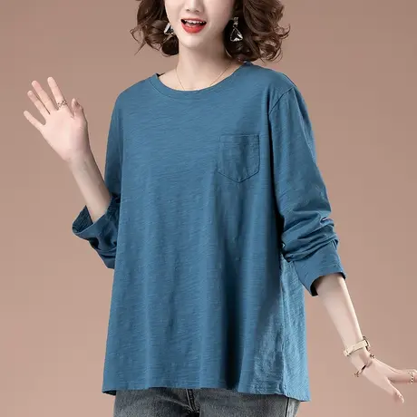 长袖t恤女春秋加肥加大码女装宽松中年妈妈全棉简约显瘦打底衫女商品大图