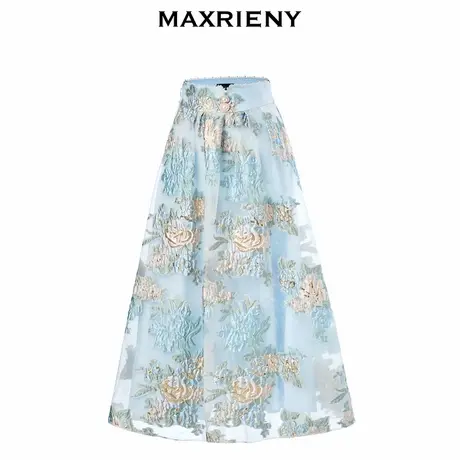 【奥莱】MAXRIENY复古大摆裙轻奢秋季立体提花蓝色半身裙图片