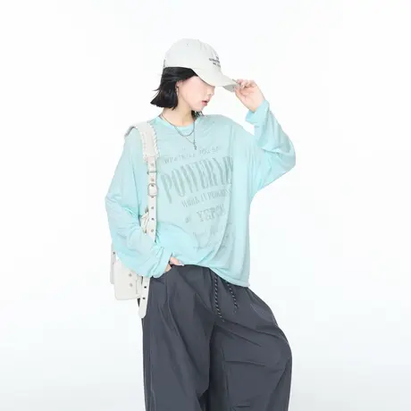莱赛尔天丝凉感印花长袖宽松T恤女夏微透防晒罩衫慵懒松弛感上衣图片