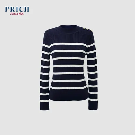 【100%绵羊毛】PRICH23冬新款撞色条纹金属排扣修身坑条针织衫女商品大图