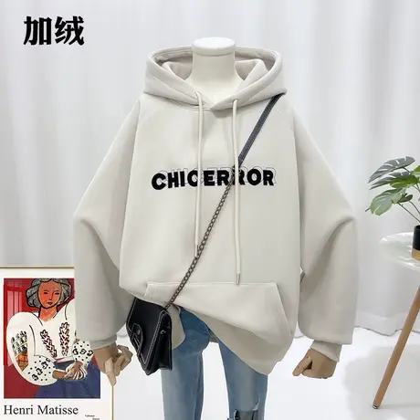 2022冬韩版简单字母宽松遮臀加绒连帽卫衣女士百搭口袋大版22855商品大图
