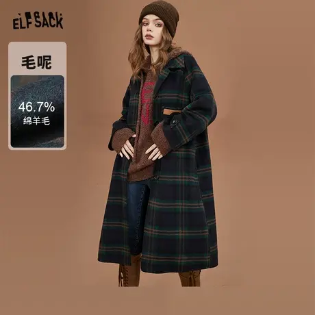 妖精的口袋长款格子毛呢外套女2023秋季新款英伦复古显瘦呢子大衣图片