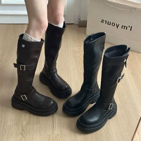 棕色靴子女长筒靴小个子增高厚底黑色皮靴西部牛仔高筒骑士瘦瘦靴商品大图