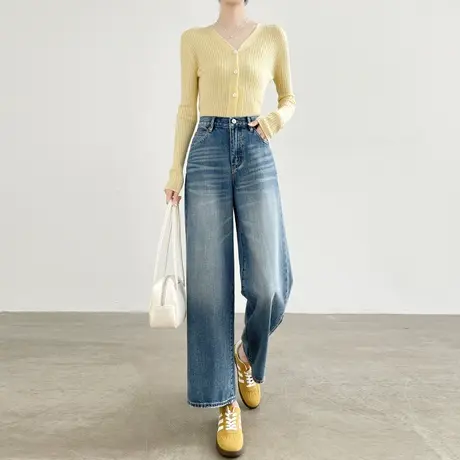 莱赛尔阔腿牛仔裤女春秋新款高腰显瘦百搭小个子九分宽松直筒裤子图片