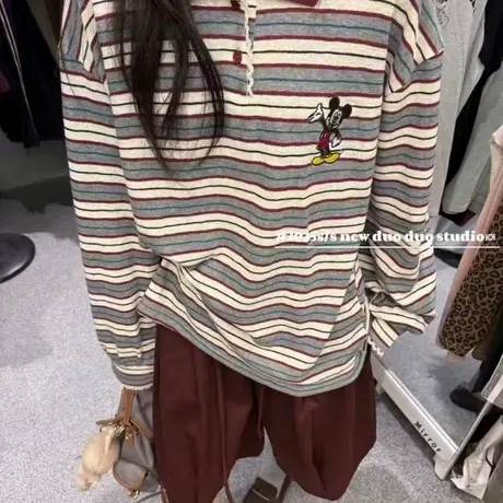 卡通图案拼色领条纹POLO上衣女复古休闲风宽松百搭长袖T恤打底衫商品大图