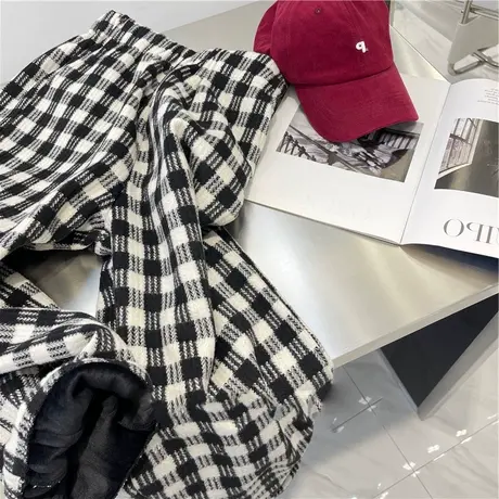 复古chic港味格子毛呢阔腿长裤女初秋宽松高腰薄款运动休闲裤潮商品大图