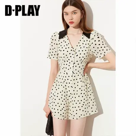 DPLAY德帕拉款白色复古波点撞色翻领连体裤女夏高腰显瘦短裤商品大图