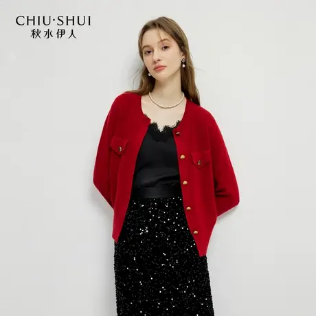 秋水伊人抗起球红色毛衣2025春季新款女装圆领微宽松减龄上衣开衫图片