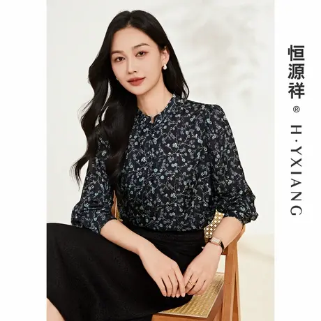 Q复古港风气质单排扣衬衣2024春季新款上衣女长小蓝袖碎花衬衫图片