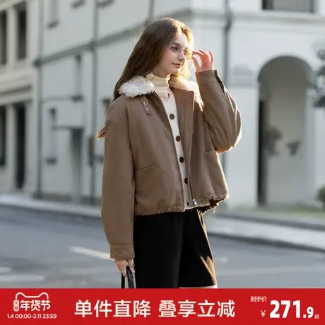 唐狮2026冬季超短款棉衣女撞色仿羊羔绒拼接灯芯绒保暖防寒立领图片
