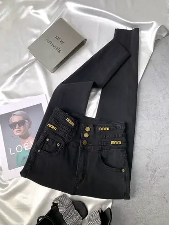 韩版排扣金属字母牛仔小脚裤2023秋冬加绒高腰显瘦弹力包臀铅笔裤商品大图