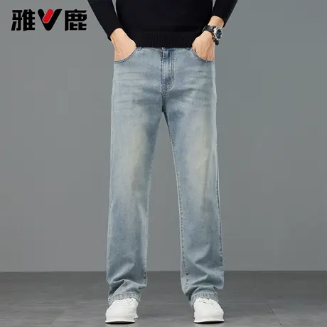 雅鹿男宽松水洗磨白复古浅蓝牛仔裤男2026春夏季时尚百搭薄款长裤商品大图