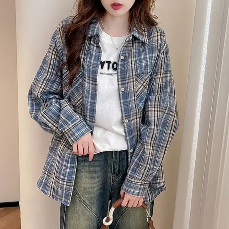 唐狮秋季复古美式格子衬衫女外穿休闲百搭衬衣女高级感慵懒风tu商品大图