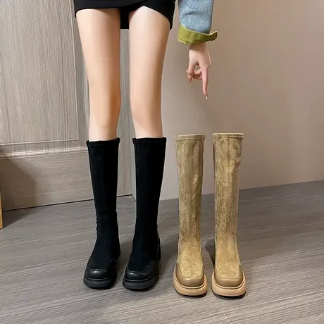 长筒靴女2023春秋季新款小个子绒面弹力瘦瘦靴粗跟高跟高筒骑士靴商品大图