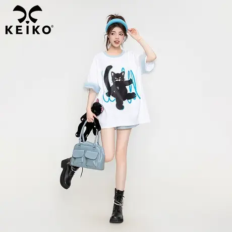 KEIKO 酷感黑猫白色短袖t恤女2023夏季元气少女纯棉宽松圆领上衣图片