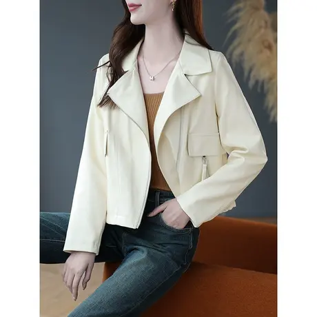 宝诗黎西装领短款皮衣外套女长袖时尚气质拉链上衣2023年秋季新款商品大图