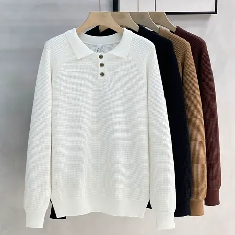 秋冬季厚款保暖针织衫华夫格美式休闲polo衫男长袖毛衣男翻领毛衫商品大图