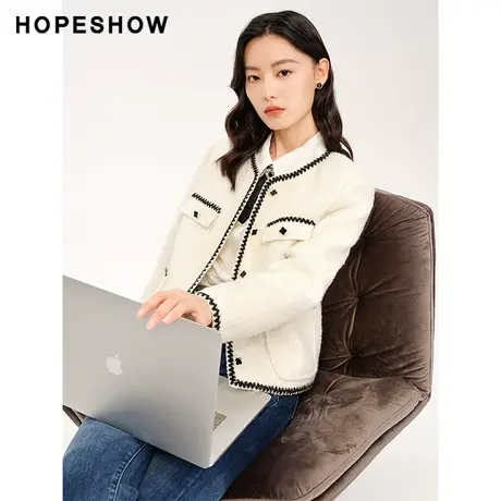 红袖outlets香风单排扣圆领外套hopeshow2023冬款设计感温柔上衣商品大图