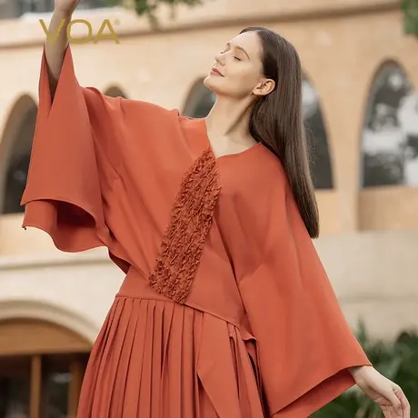 VOA51姆米重磅真丝砖红色V领不对称木耳花装饰蝙蝠袖oversizeT恤商品大图