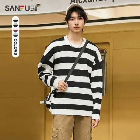 三福2023冬男士粗横条纹毛衣 学院风休闲宽松圆领上衣男478753商品大图