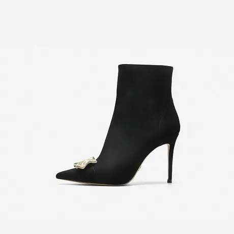 Nine West/玖熙轻奢反绒金沙饰扣瘦瘦靴2023冬新款尖头细跟短靴女图片