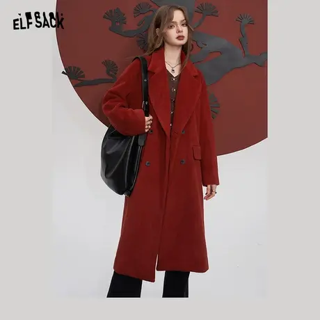 妖精的口袋中长款红色毛呢外套女2023年冬季新款双排扣热力感大衣图片
