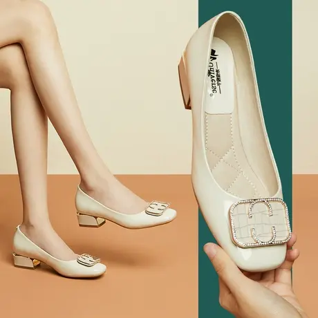 舒适方头粗跟白色单鞋女士秋季新款浅口水钻中跟里外全皮鞋子商品大图