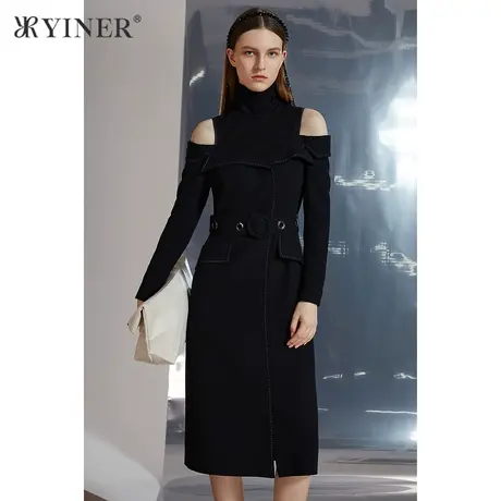 YINER音儿女装冬季露肩高领明线装饰连衣裙图片