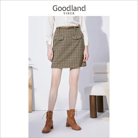 Goodland美地女装冬季高腰显瘦格子a字半身裙图片