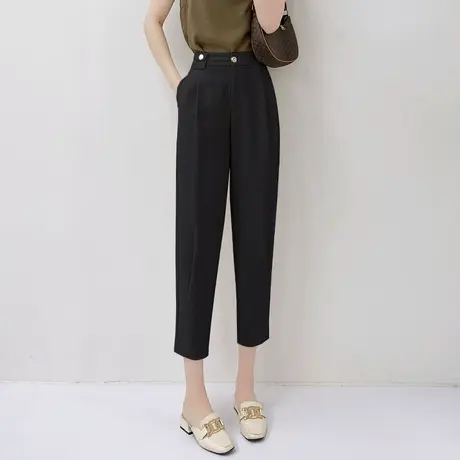 丽洁黑色裤子女夏季七分裤薄款哈伦裤高腰西装裤宽松通勤休闲西裤商品大图